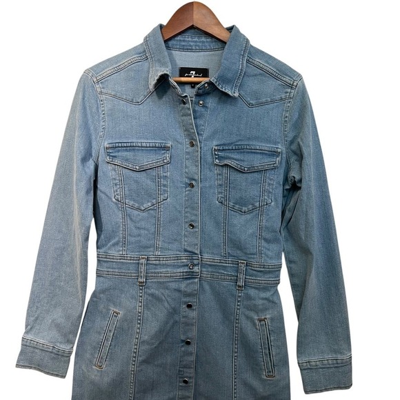 7 For All Mankind Luxe Denim Midi Dress Women L NWOT Snap Front Blue‎ Western - Picture 4 of 13
